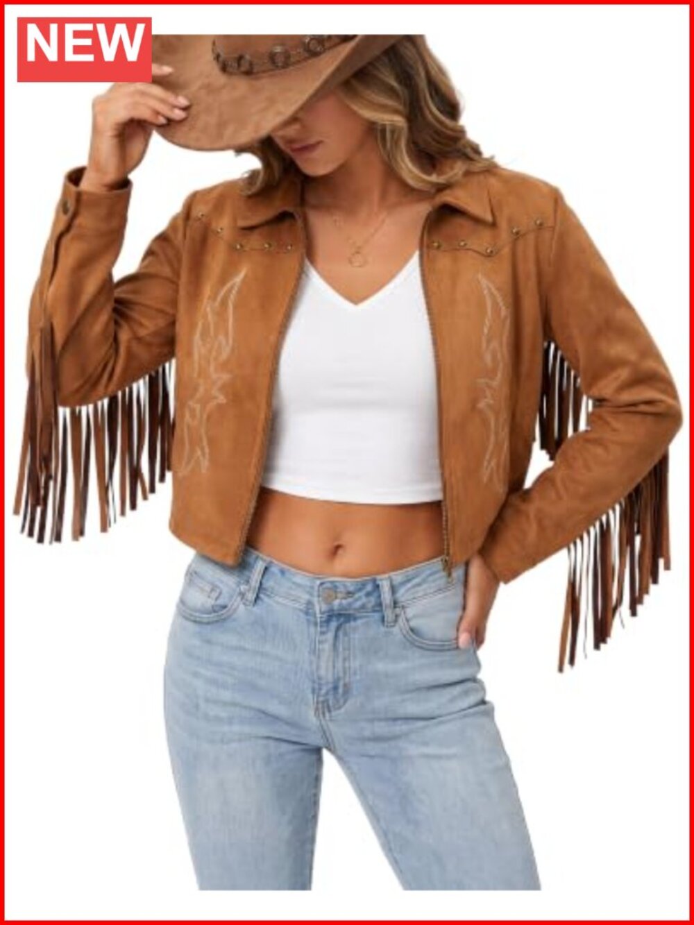 Women Faux Suede Western Fringe Jacket Embroidered Cowgirl Zip Up Crop